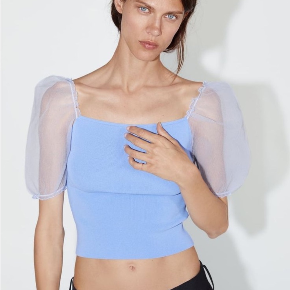 Zara Light Blue Puff Sleeve Sheer Mesh Top Size Small